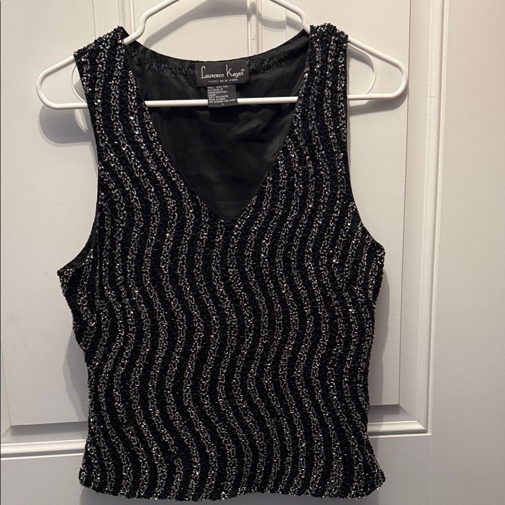 Vintage Laurence Kazar Black and Silver Hand Beaded Wave V-Neck Tank
